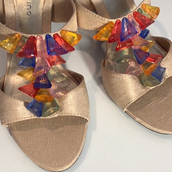 Ann Marino Tan Fabric Multicolor Jewels Slip On Heel Sandal Shoe Sz 6.5 - Picture 7 of 11